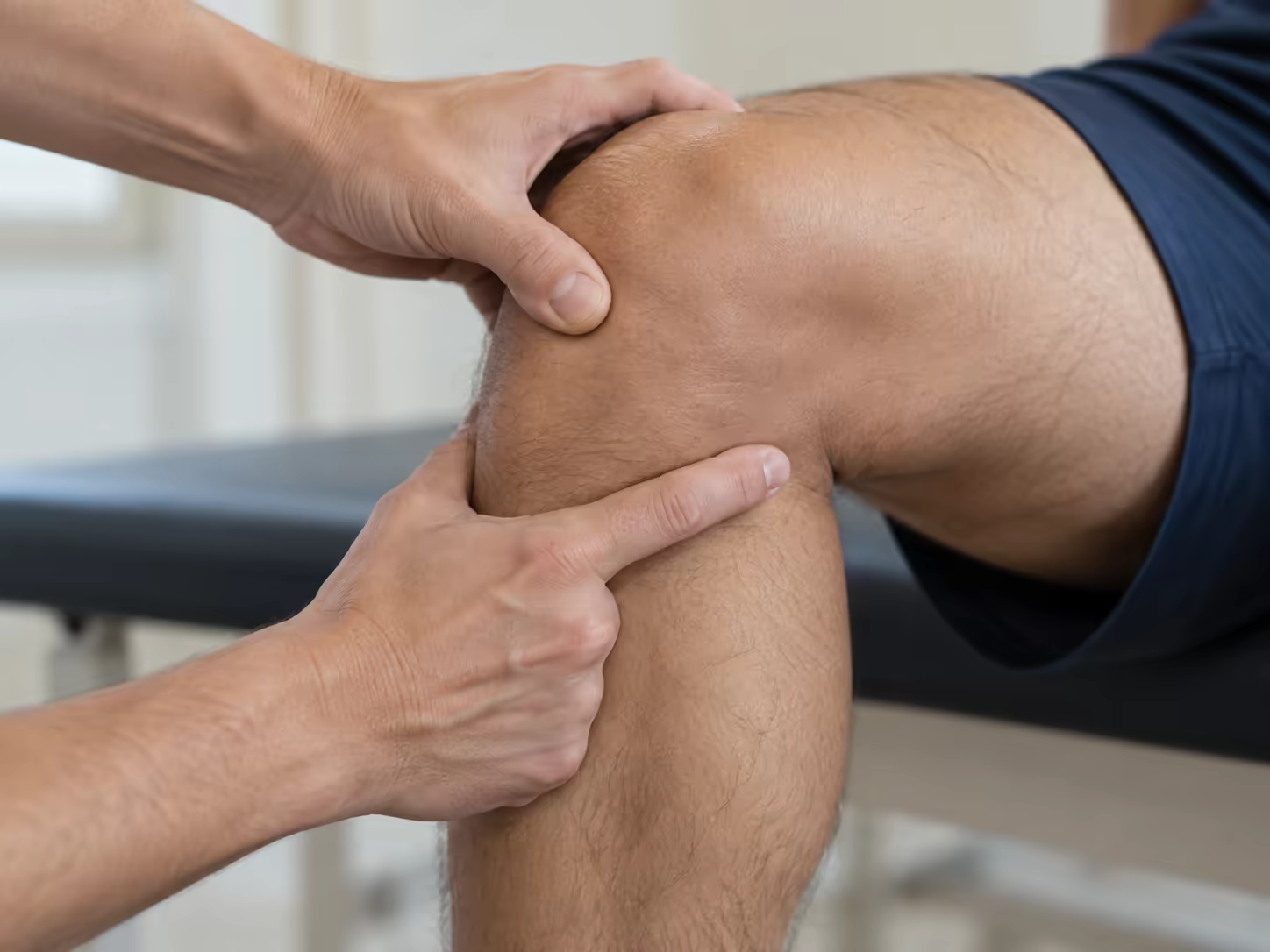 Mãos avaliando a estabilidade dos ligamentos do joelho